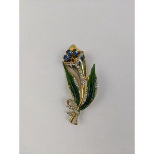 Corocraft Sterling Silver Enameled Rhinestone Flower Floral Brooch Pin